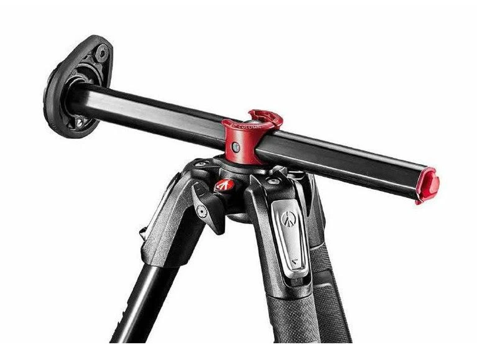A tripod head and a horizontal arm. The tripod is black, and the arm is red and black.