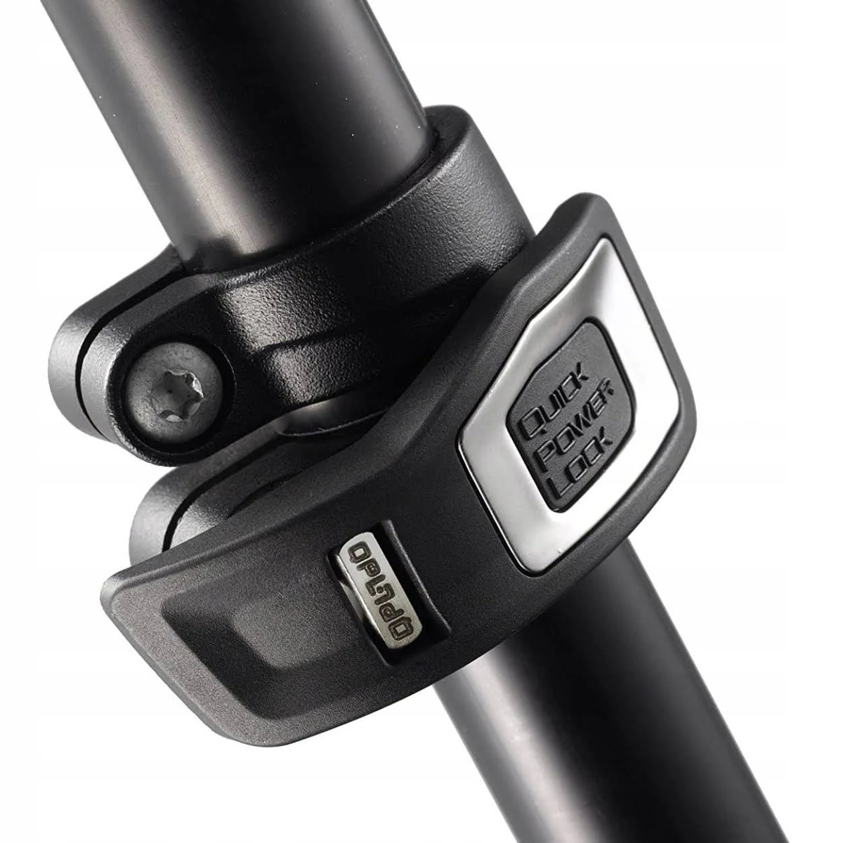 Close-up of a black tripod leg with a quick power lock mechanism.