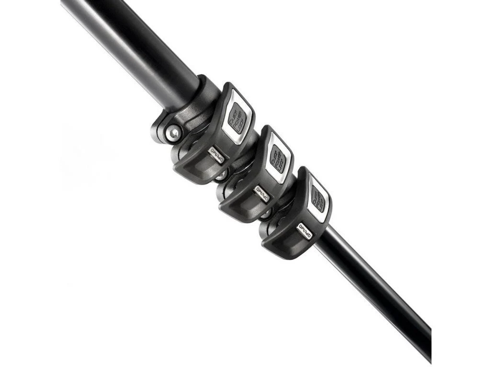 Black tripod legs with adjustable clips, positioned diagonally against a white background.