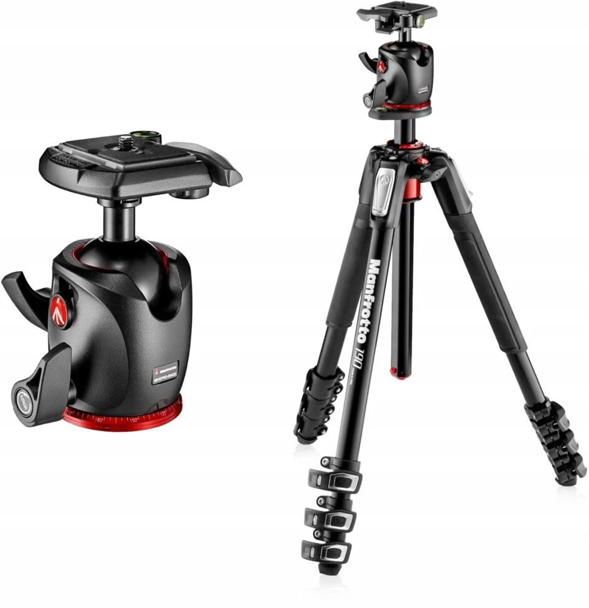 A black and red Manfrotto tripod with a ball head. White background.