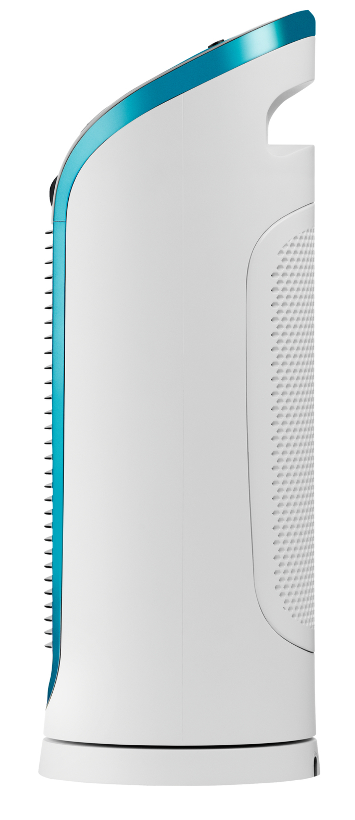 Biały oczyszczacz powietrza z niebieskim wykończeniem, widok z boku, wyizolowany.
