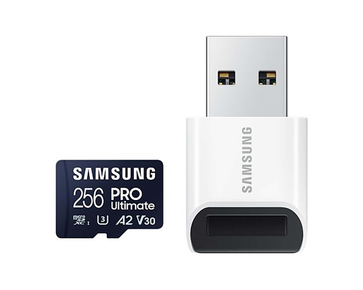 A Samsung micro SD card and a white USB adapter on a white background.