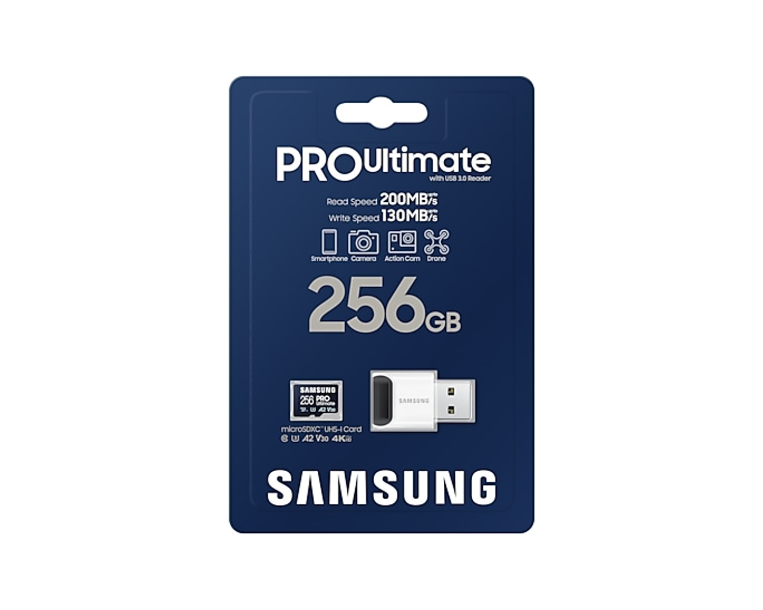 Blue package with 'PRO Ultimate' label. Includes a USB 3.0 reader and a 256 GB microSD card.