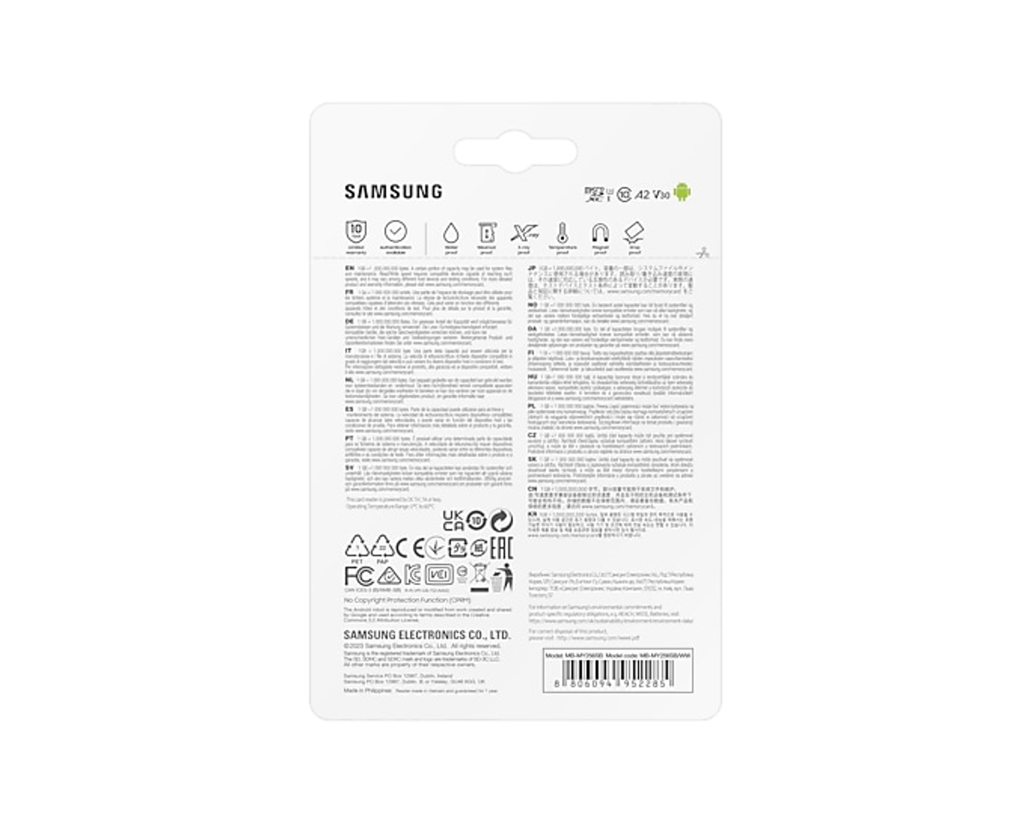 Samsung SD card package. White background. Text and graphics in multiple languages.