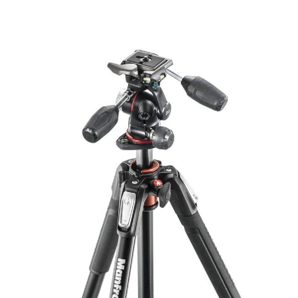 Czarny statyw z trzema nogami i głowicą. Jest na białym tle i ma markę Manfrotto.