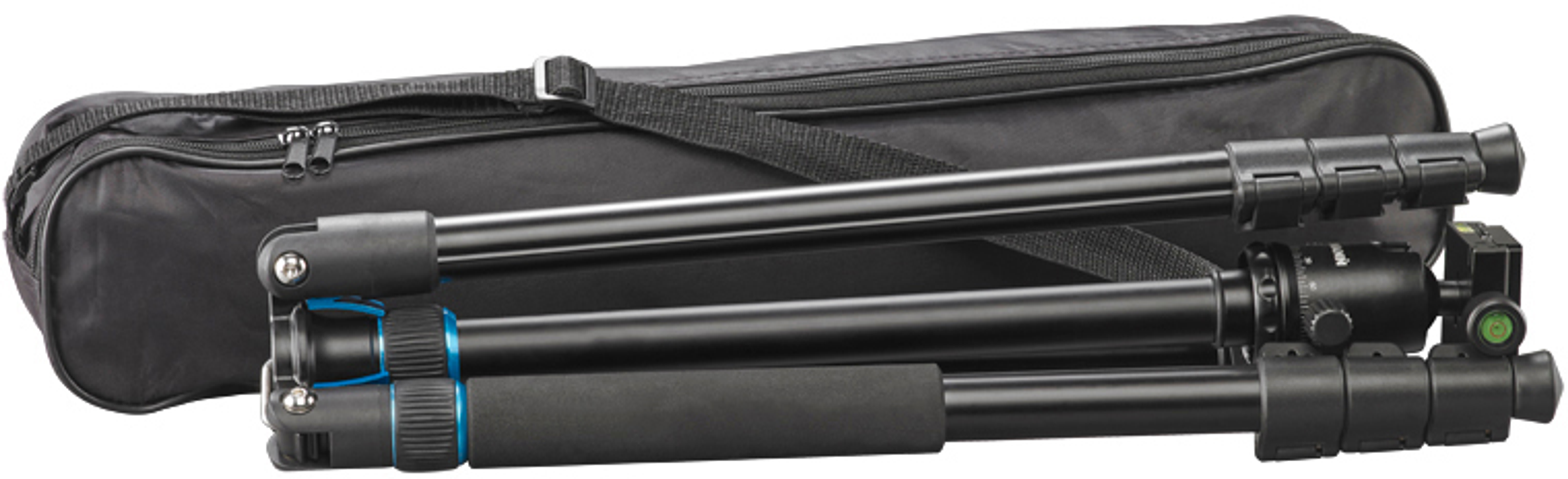 Czarny statyw złożony w czarnej torbie z paskiem na ramię.