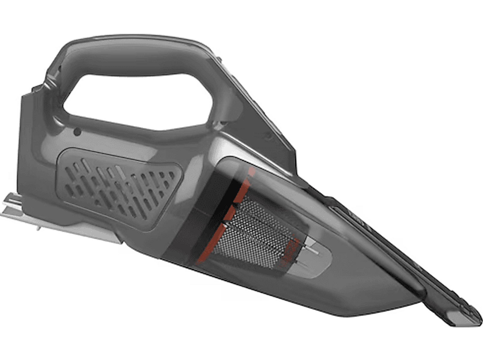 Una aspiradora de mano gris Black+Decker. Tiene un depósito transparente y un filtro rojo.