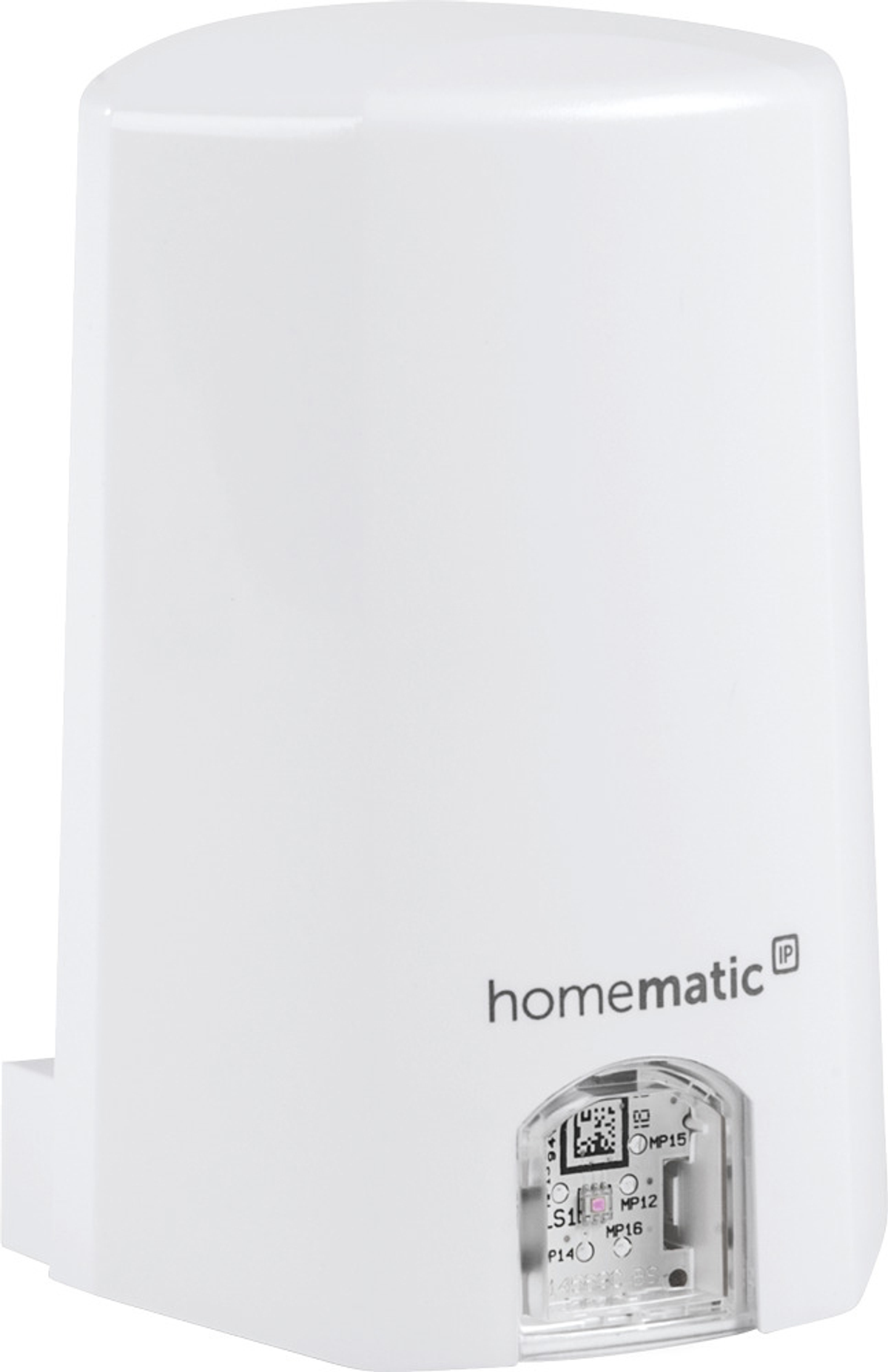 Ein weißes Gerät mit einem kleinen, durchsichtigen Fenster und dem 'homematic'-Logo.