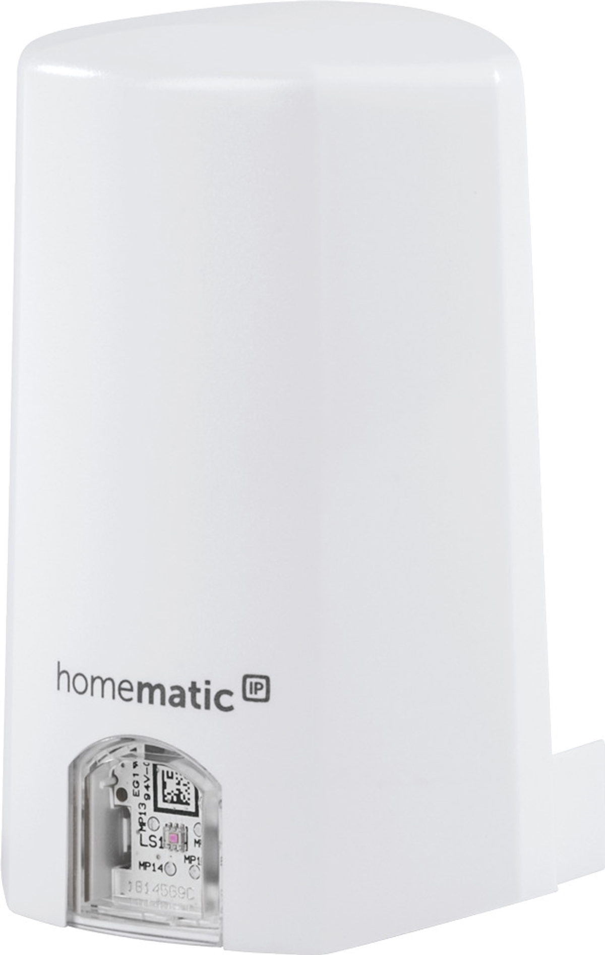 Weißes Homematic IP Gerät. Es hat einen transparenten Abschnitt mit QR-Code und Beschriftung.