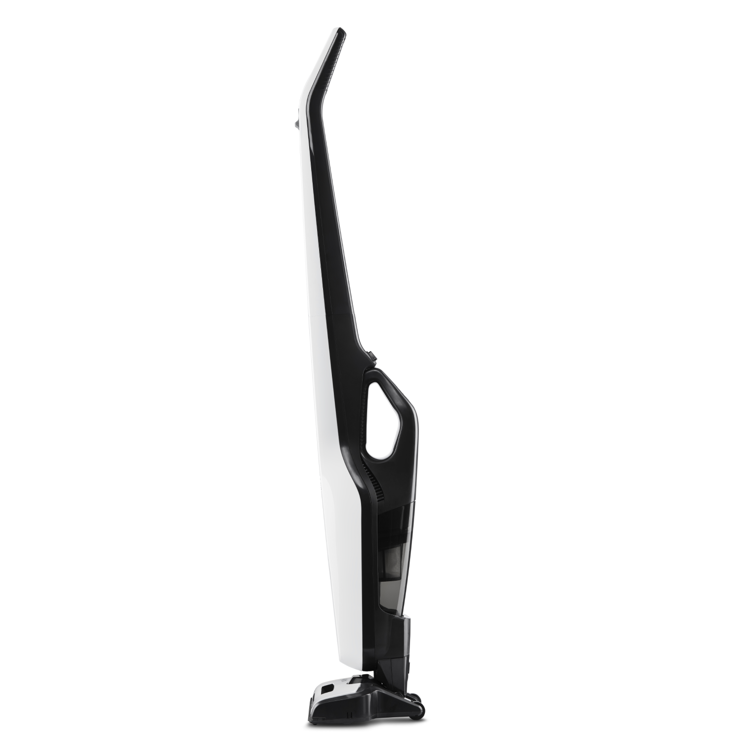 Aspirateur-balai blanc et noir en vue de profil. Il est sur fond blanc.