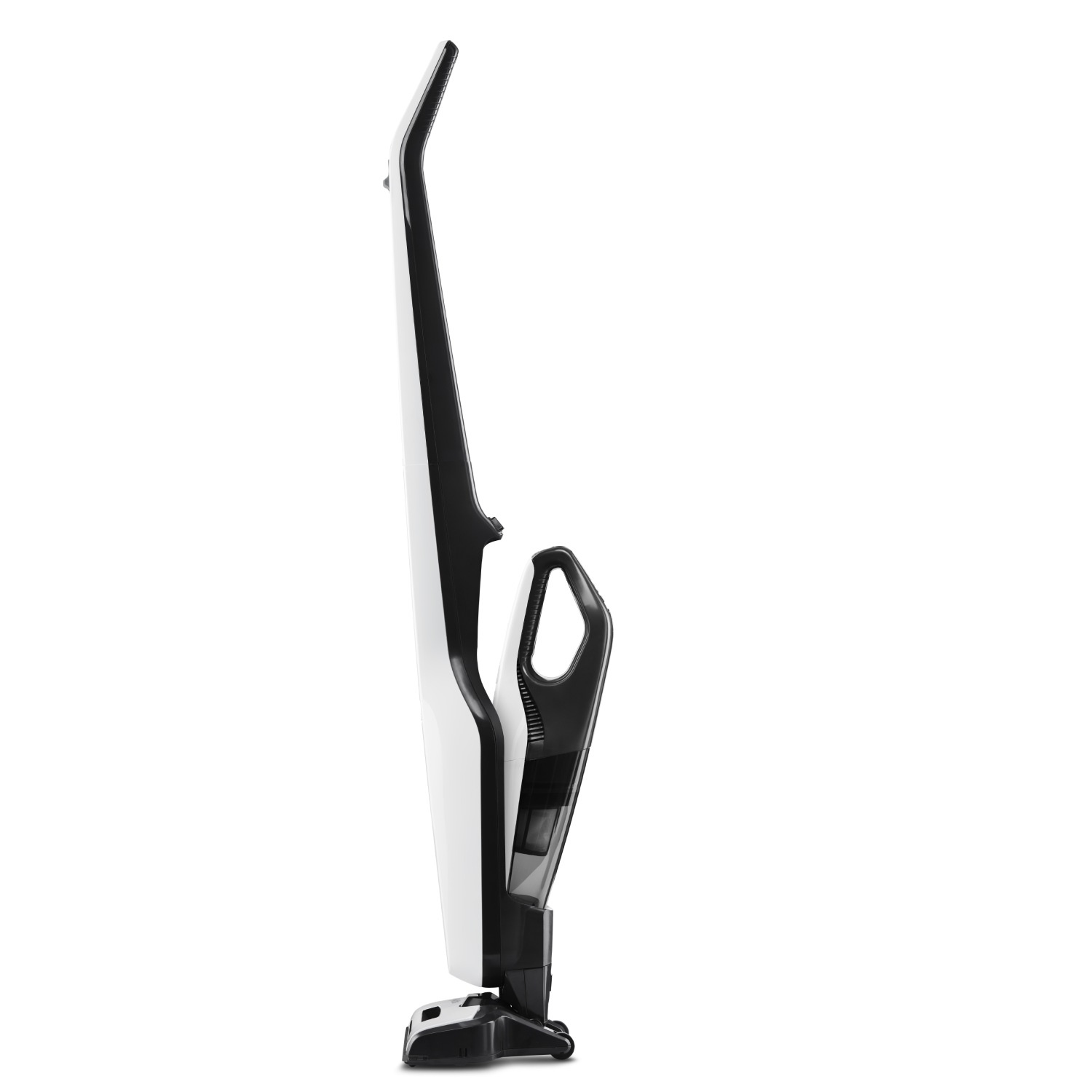 Un aspirateur sans fil blanc et noir sur fond blanc, vu de côté.