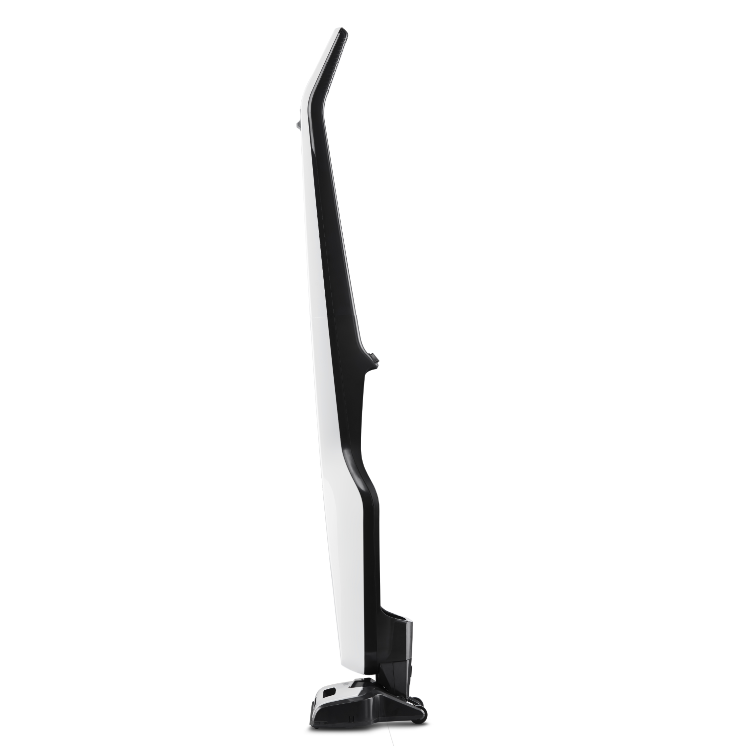 Aspirateur-balai blanc et noir, isolé sur fond blanc.
