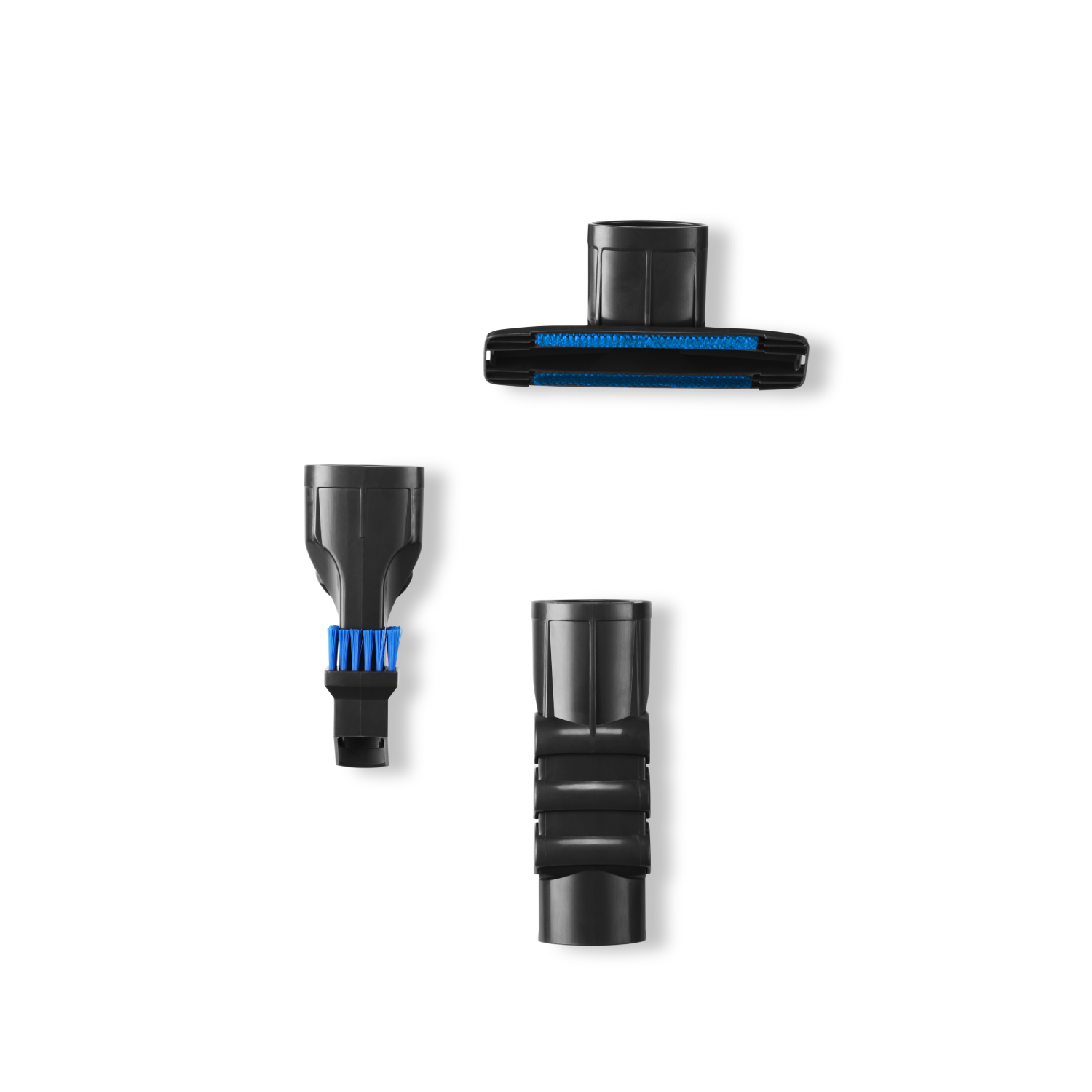 Trois accessoires d'aspirateur noirs sur fond blanc, avec des poils bleus.