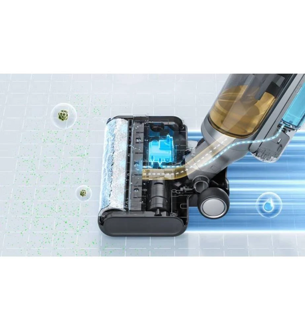 Cabezal de aspiradora sobre suelo de baldosas, mostrando componentes internos y dispensación y limpieza de agua.
