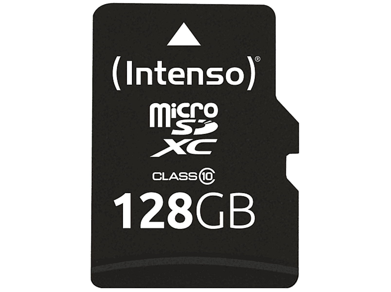 Una scheda micro SD nera con testo bianco e un triangolo bianco.