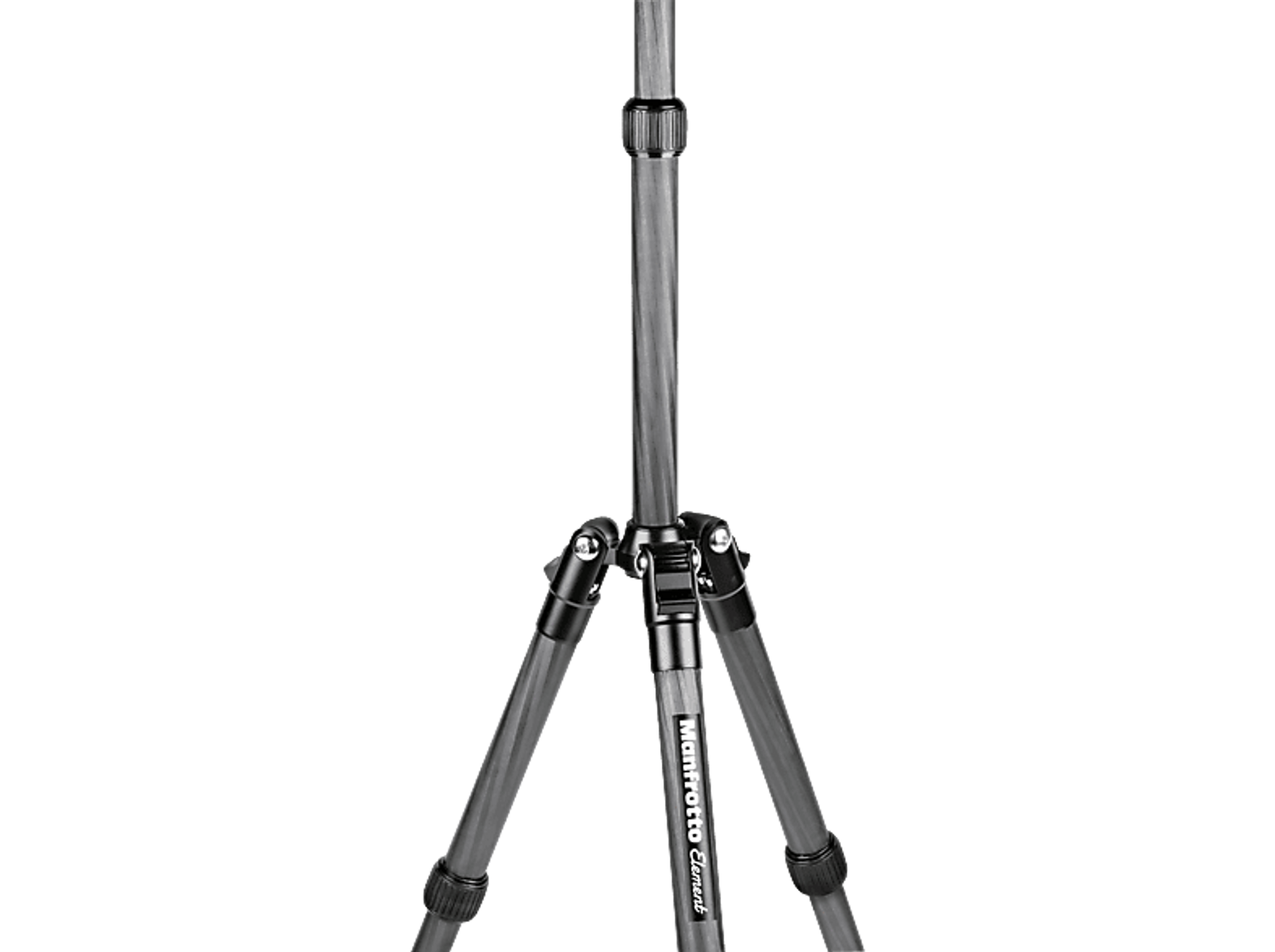 Statyw Manfrotto Element, nogi z włókna węglowego rozłożone, czarny i szary, ciemne tło.