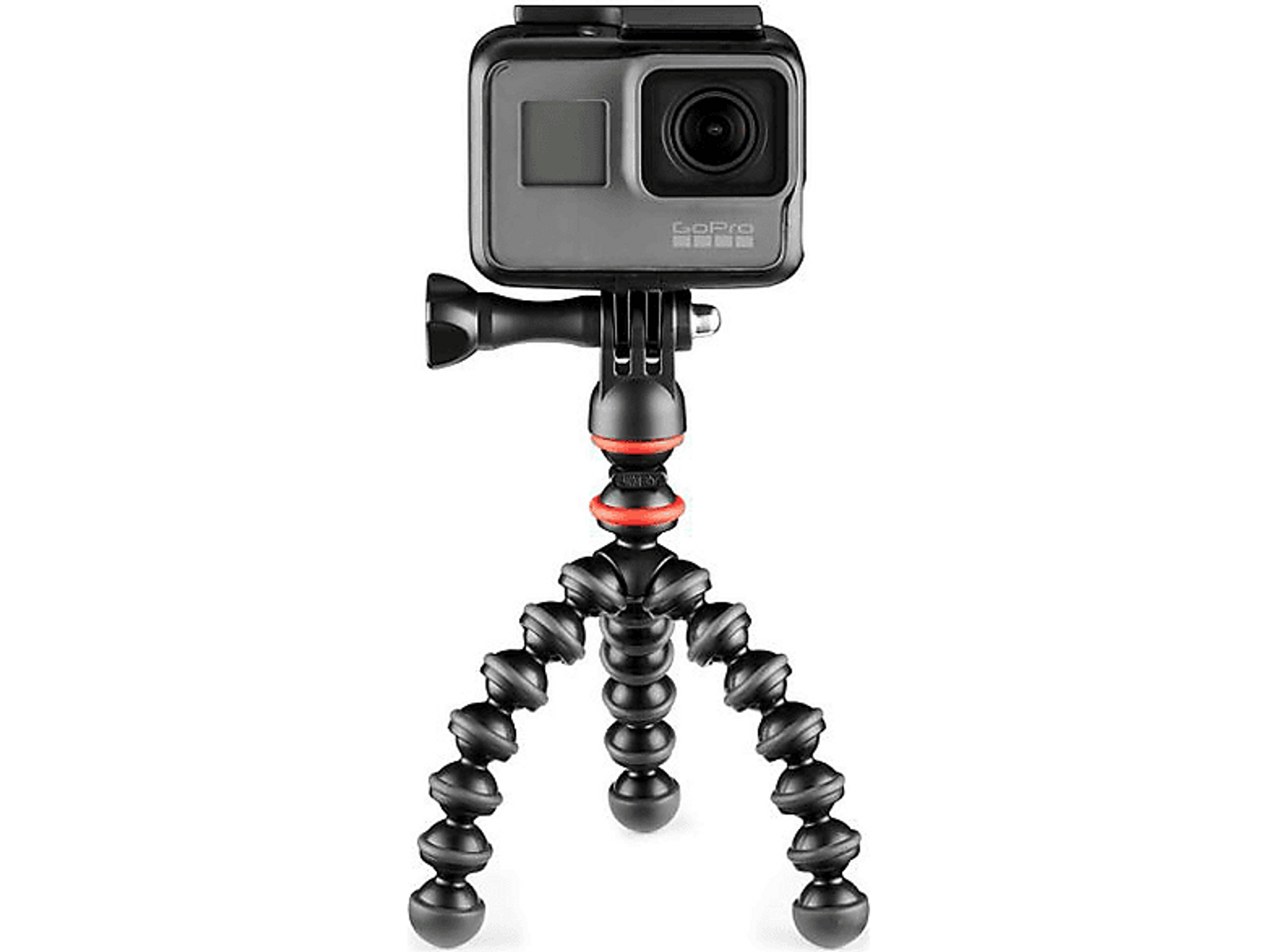 Fotocamera GoPro su un treppiede flessibile. Nero e arancione, su sfondo nero.