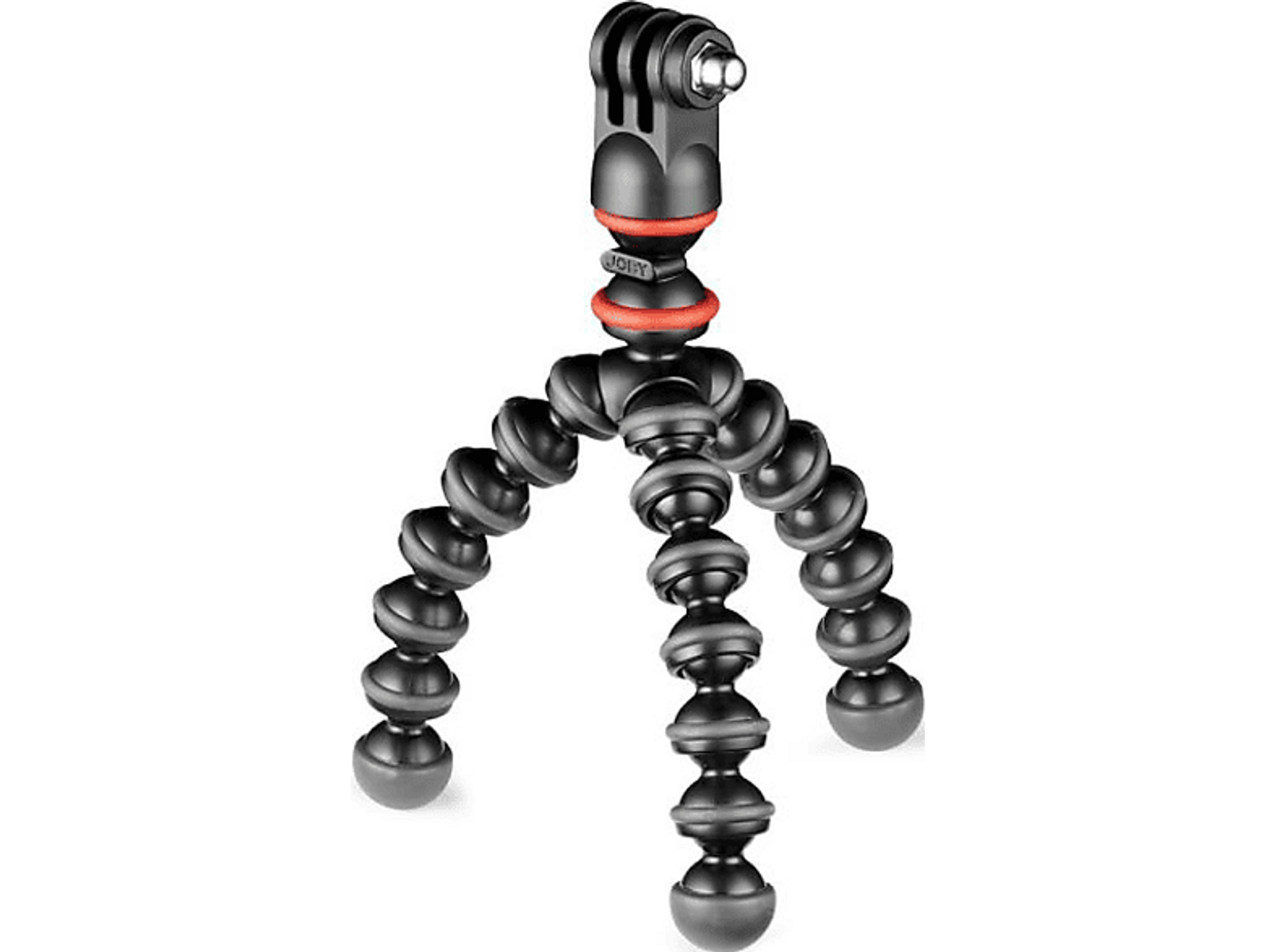 Treppiede flessibile con gambe nere segmentate e un anello rosso. È montato un supporto GoPro.