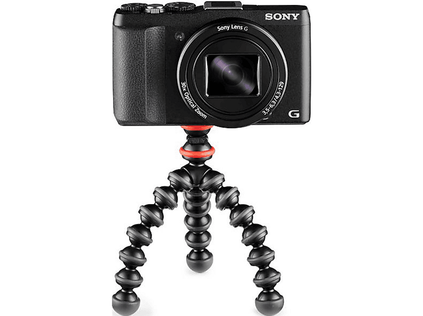 Una fotocamera Sony nera è montata su un treppiede flessibile con un design rosso e nero.