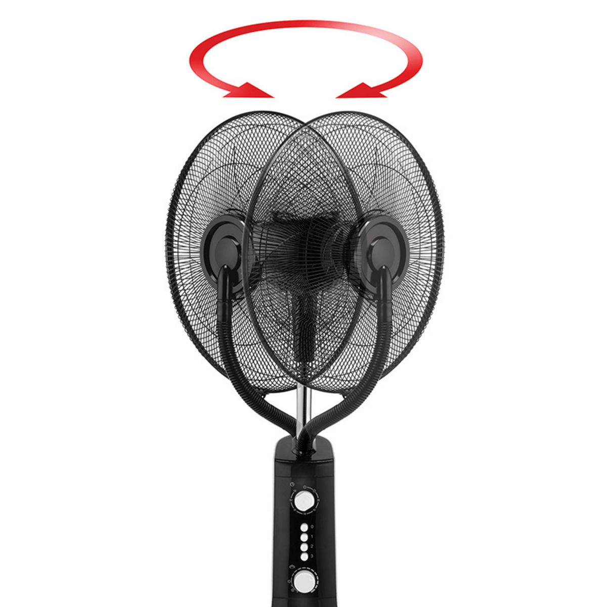Ein schwarzer oszillierender Ventilator mit zwei Lüfterköpfen.