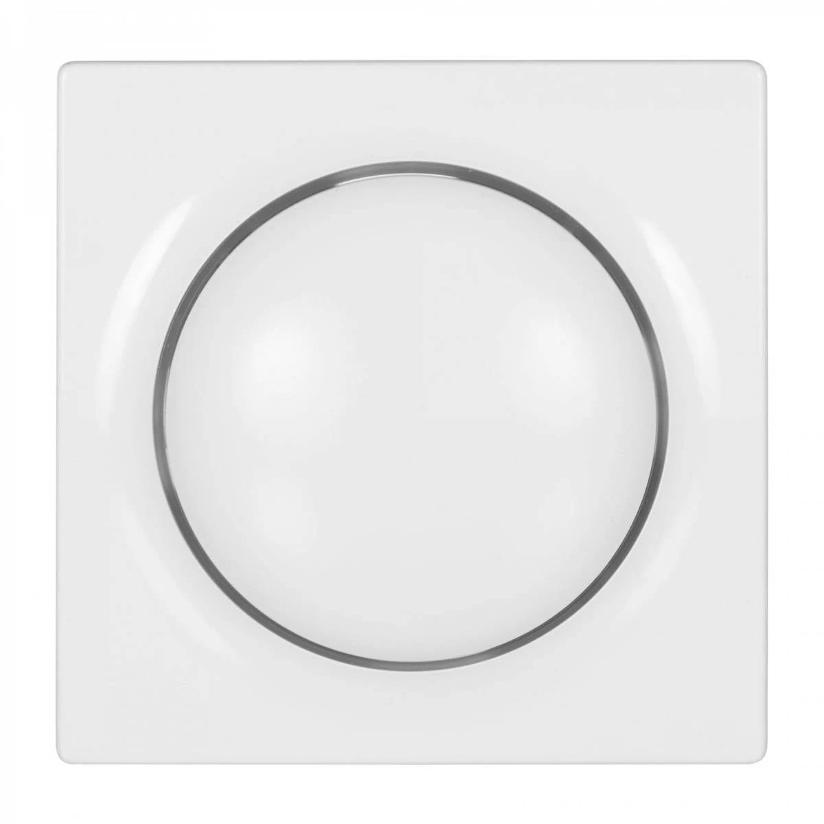 Ein weißer, quadratischer Lichtschalter mit kreisförmigem, weißem Licht im Inneren vor weißem Hintergrund.
