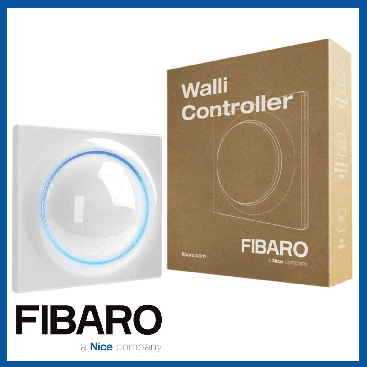 Fibaro Walli Controller Box und Gerät. Das Gerät ist weiß mit blauem Lichtring.