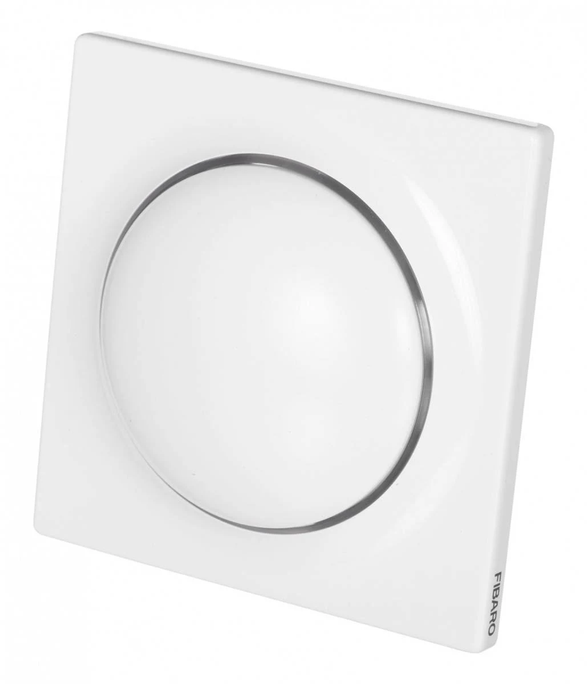 Ein weißer Fibaro-Knopf auf einem weißen Quadrat, mit einem runden, weißen, konvexen Zentrum.