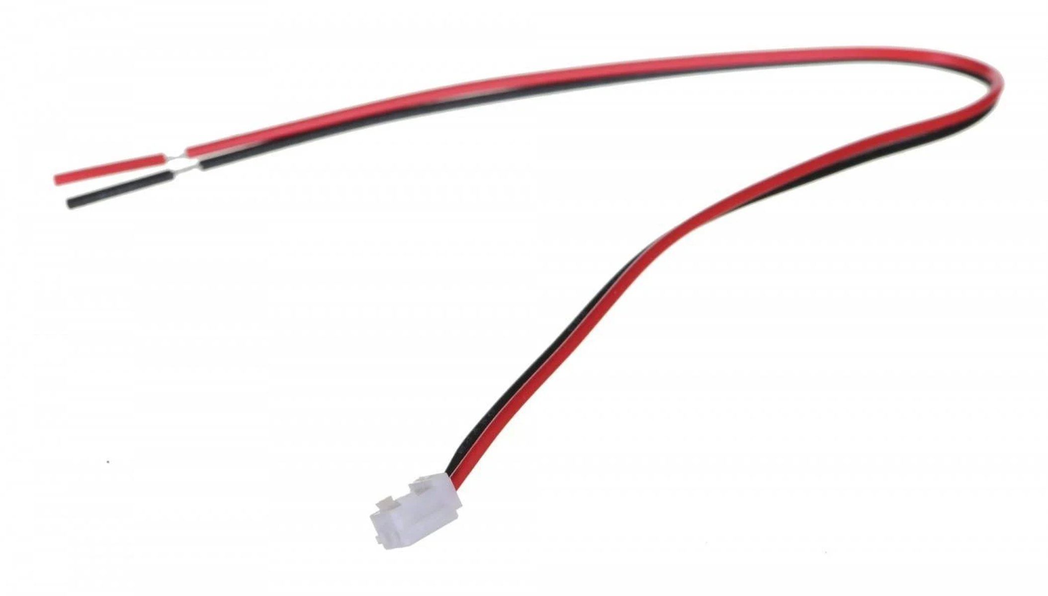 Zwei Drähte, rot und schwarz, verbunden mit einem weißen Stecker.