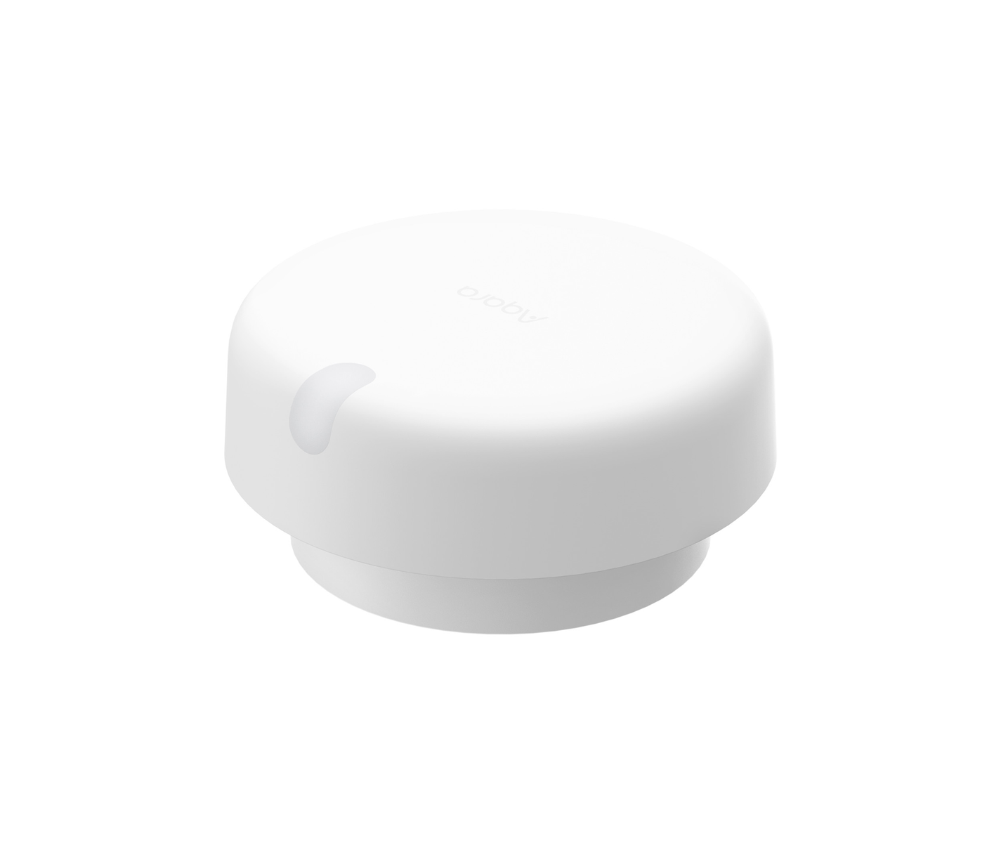 Biały przycisk smart home z małą lampką kontrolną. Przycisk ma okrągły kształt.