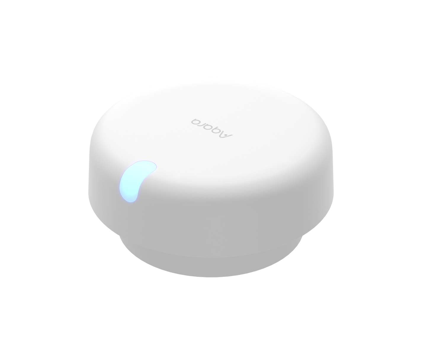 Białe, okrągłe urządzenie smart home Aqara z niebieskim światłem.