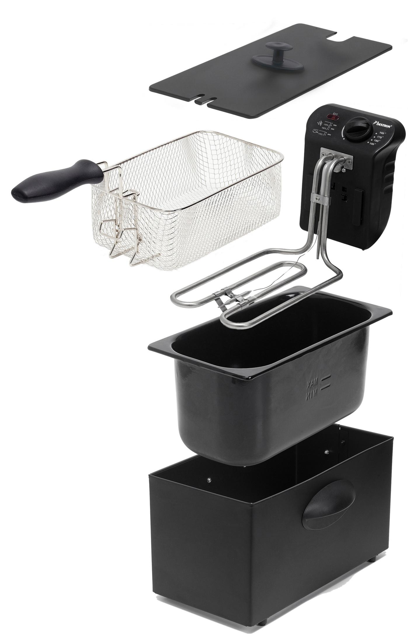 Eine zerlegte Fritteuse, die Komponenten zeigt. Ein Korb, ein Heizelement und eine schwarze Box sind sichtbar.