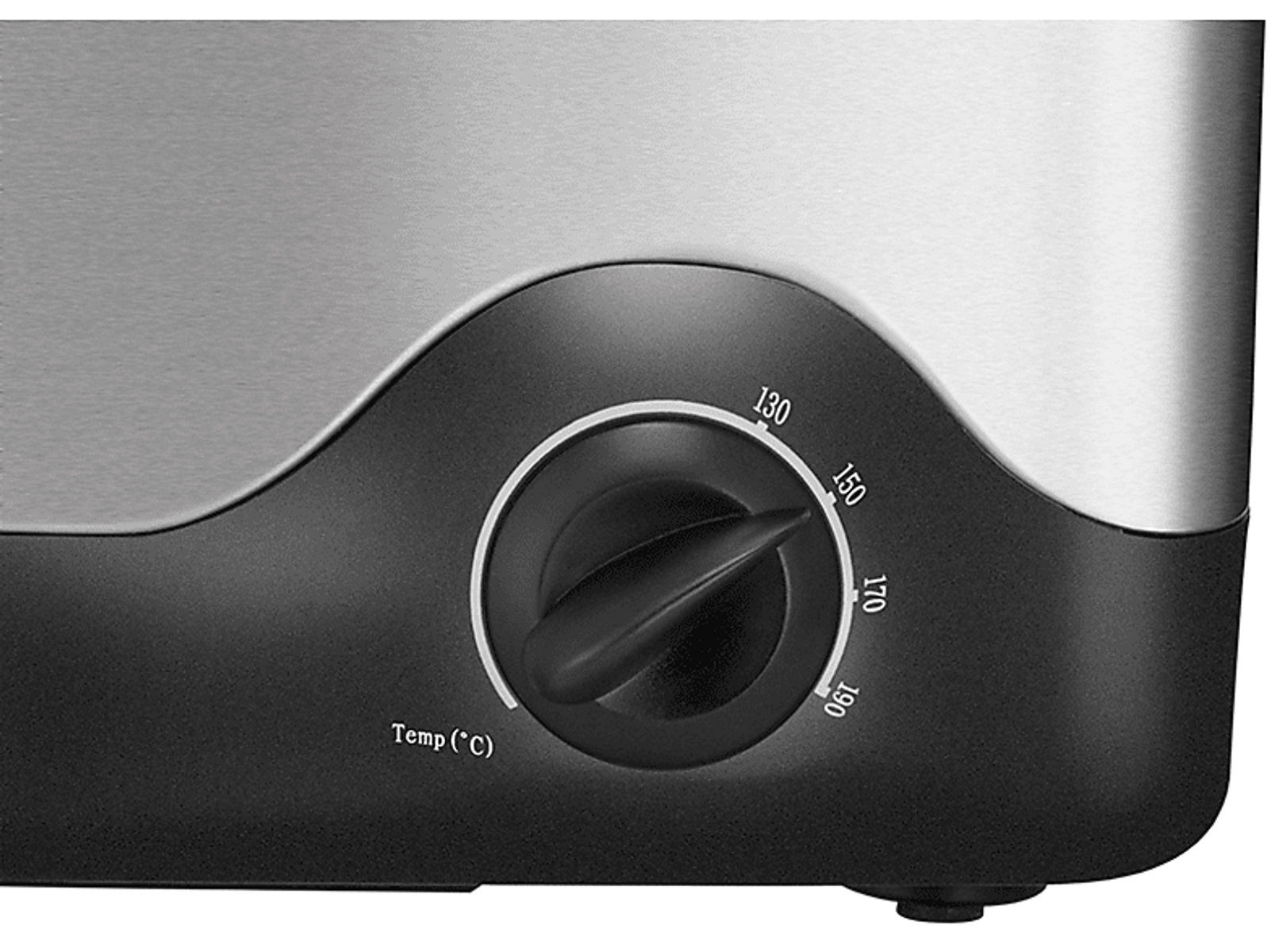 Zbliżenie pokrętła temperatury na czarno-srebrnym urządzeniu, pokazujące ustawienie 150°C.