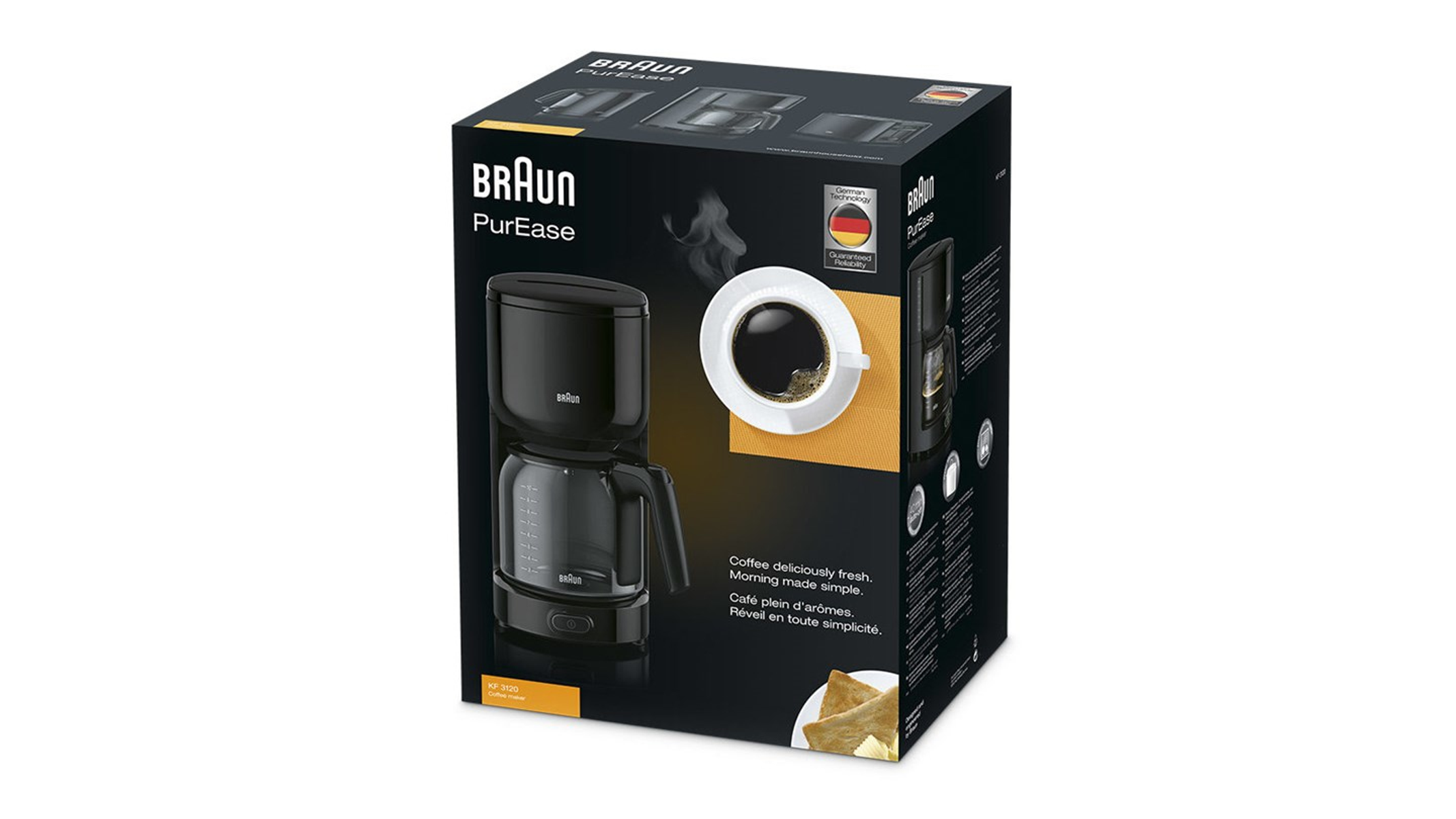 Pudełko produktu do ekspresu do kawy Braun, z filiżanką kawy i widocznym ekspresem.