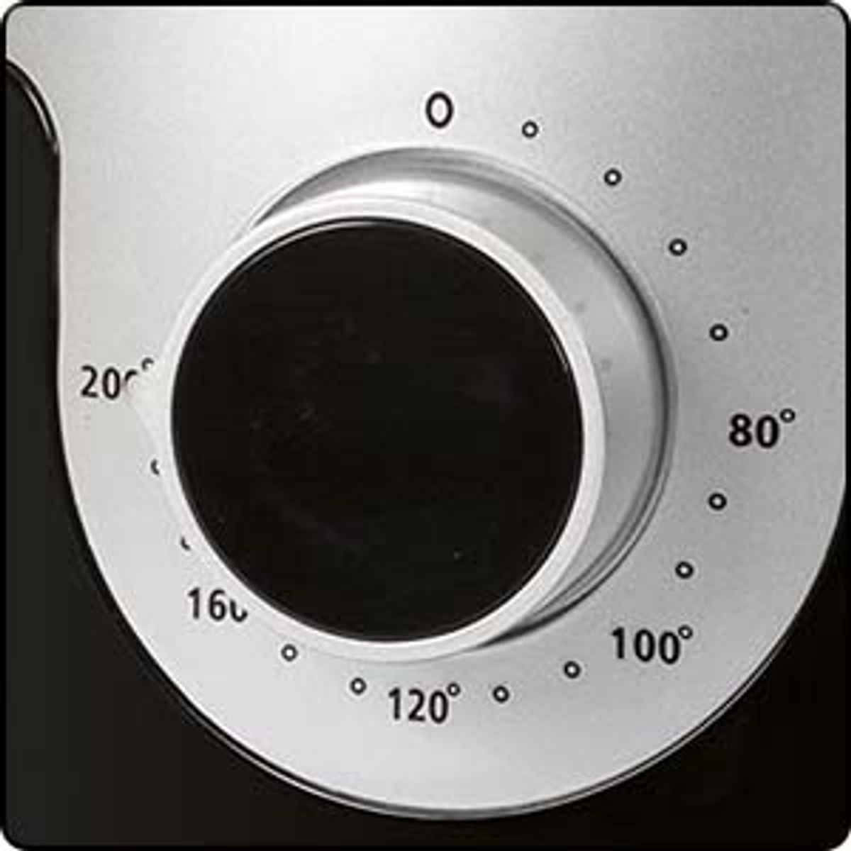 Czarna tarcza z liczbami od 0 do 120 stopni. Pokrętło sterowania jest czarne.