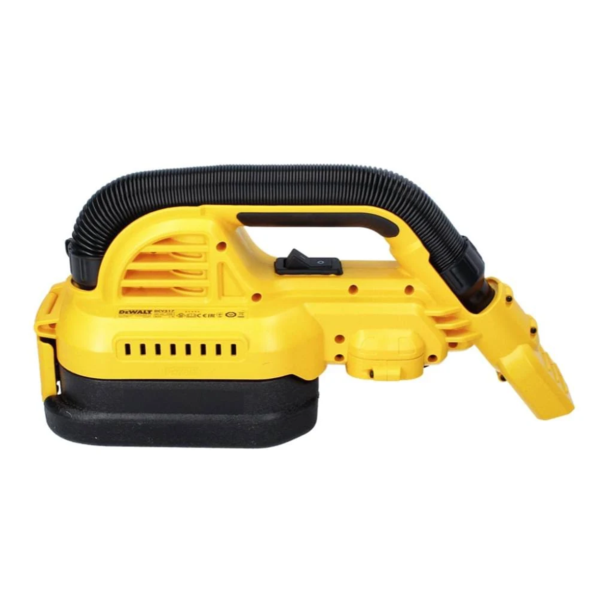 Gelber DeWalt Handstaubsauger mit schwarzen Akzenten und gebogener Düse.