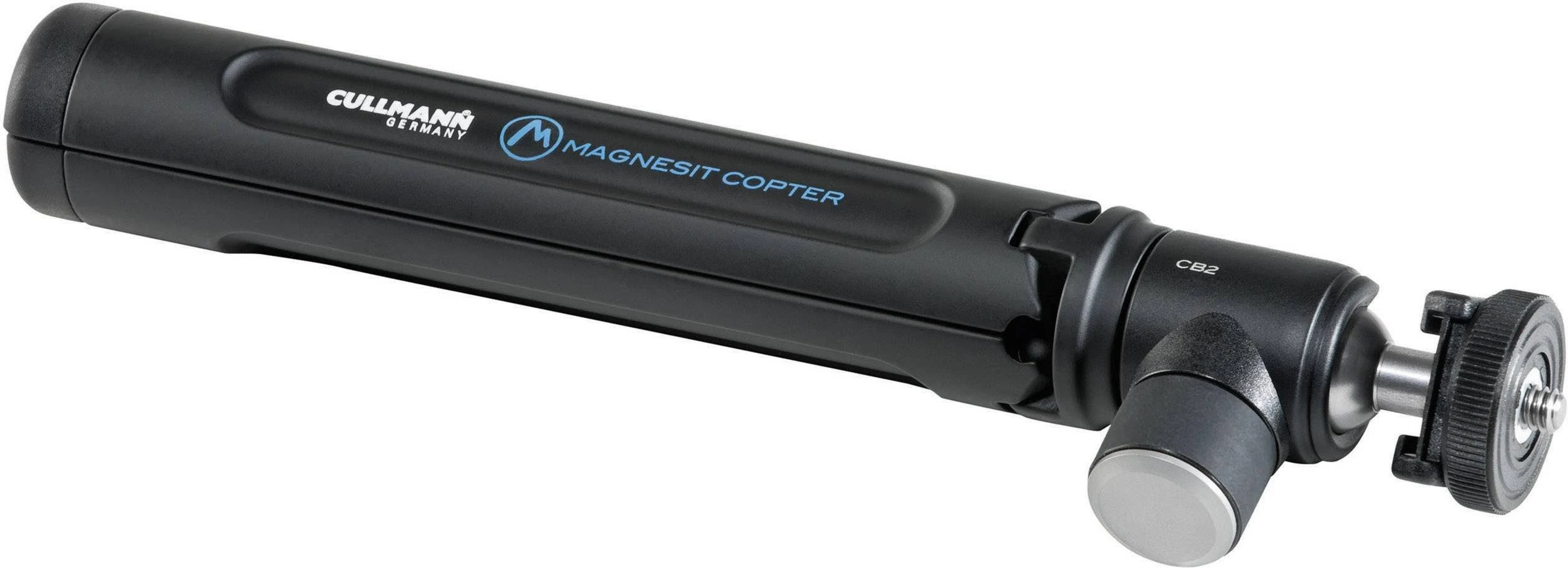 Zwarte monopod met een balhoofd. Close-up, met de poot en het verbindingspunt.