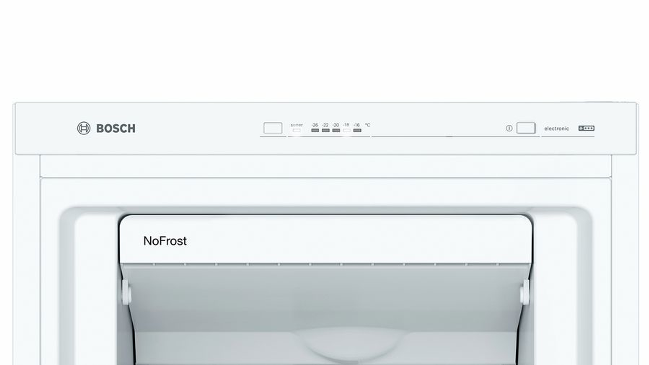 Biała część zamrażarki z otwartymi drzwiami, widoczne logo Bosch.