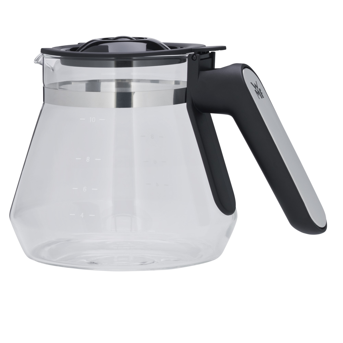 Szklany dzbanek do kawy z czarną pokrywką i uchwytem, ze wskazaniami.