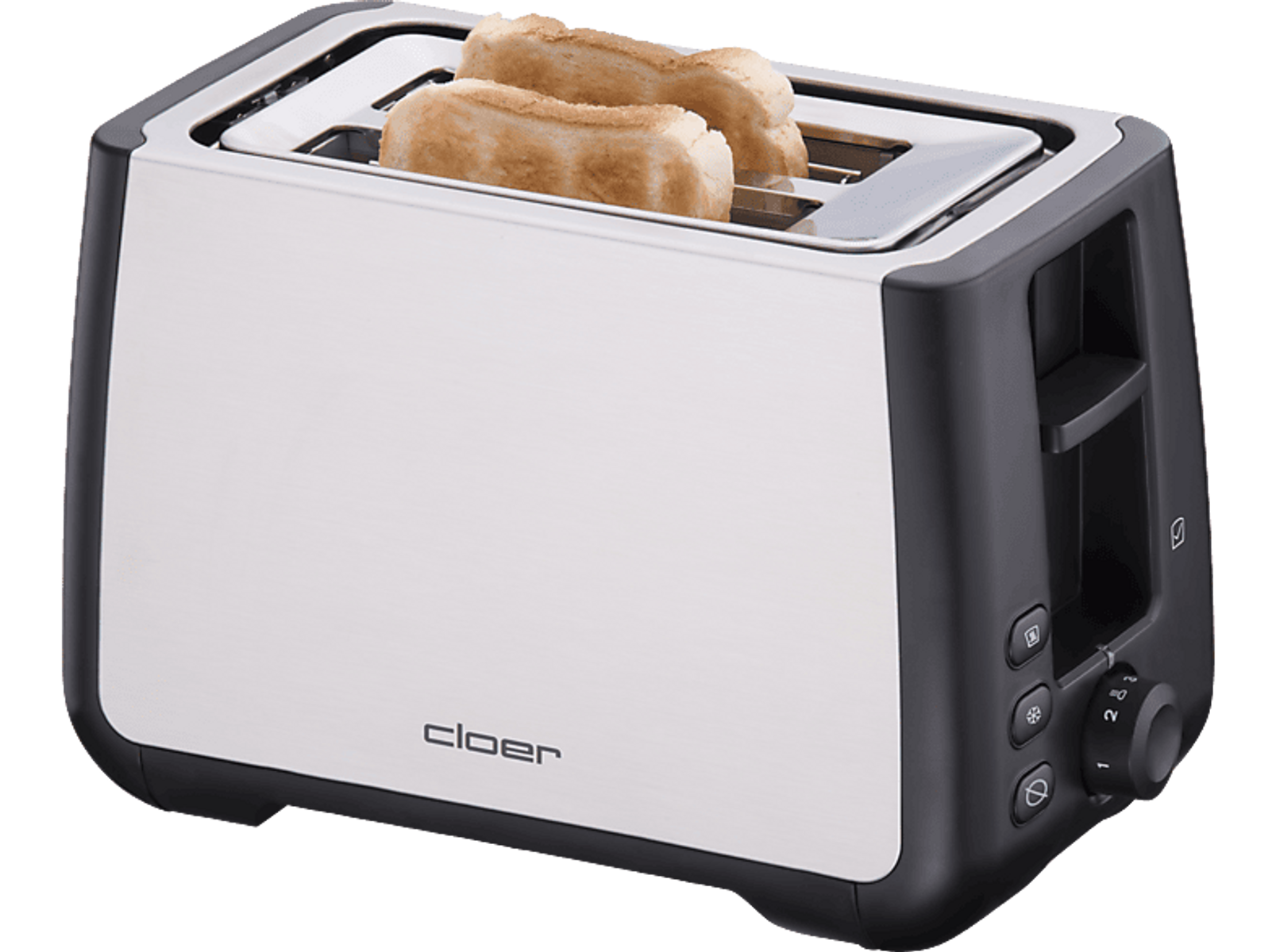 Srebrno-czarny toster z dwiema kromkami tostów w środku.