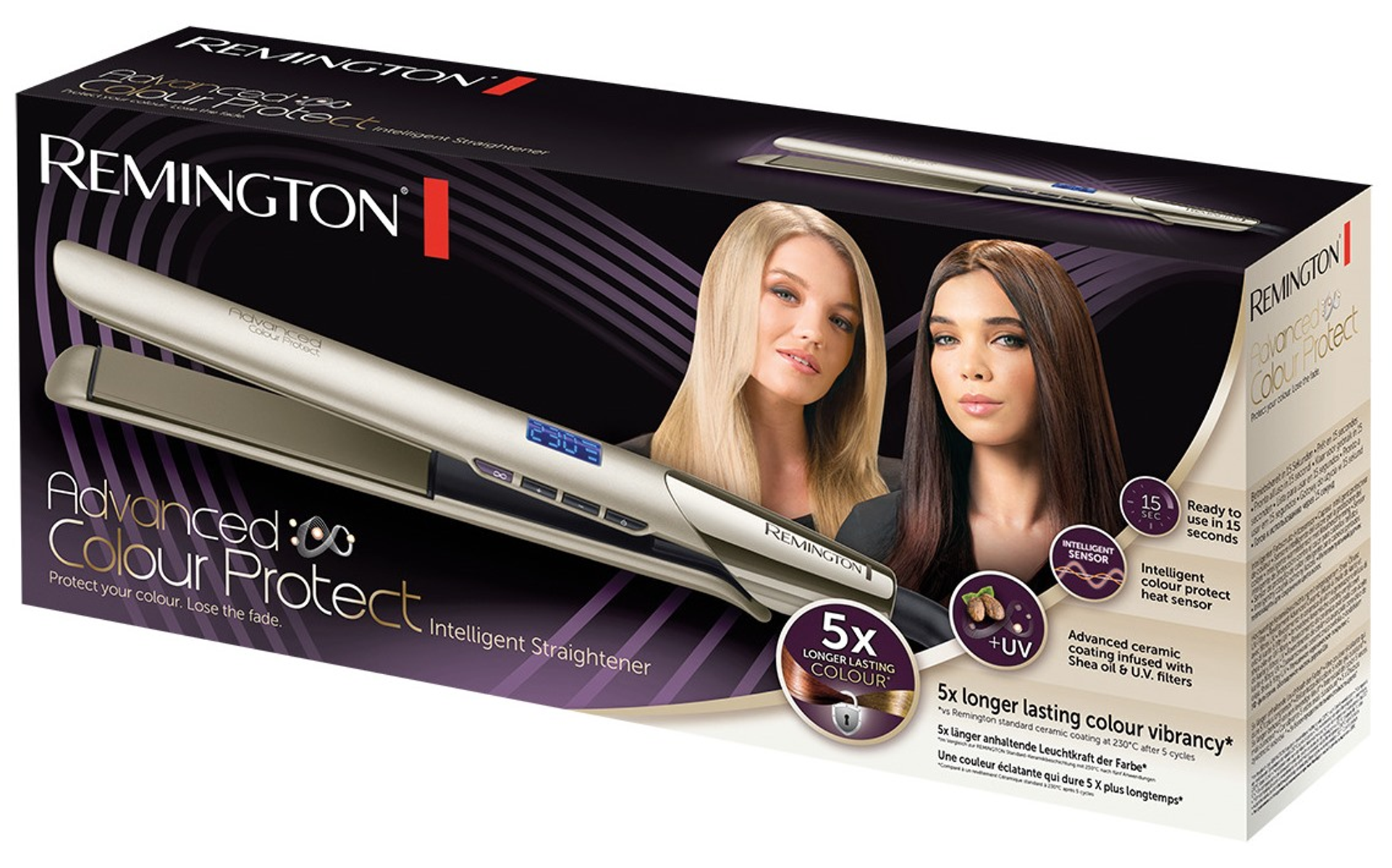 Pudełko z prostownicą Advanced Color Protect. Przedstawia dwie kobiety, prostownica.