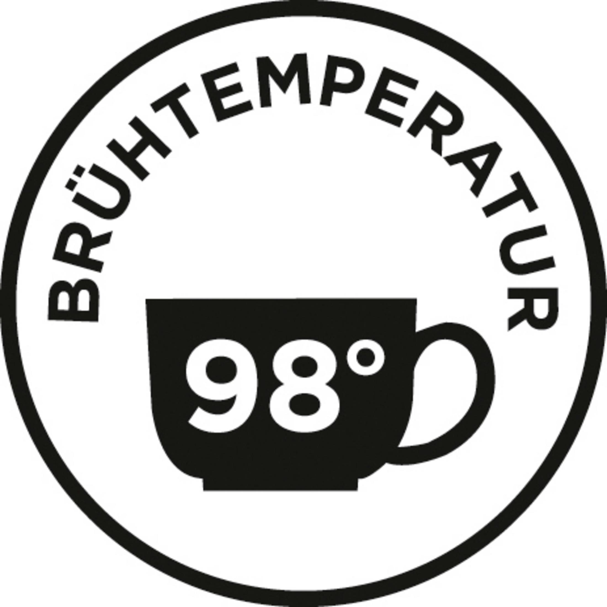 Un cartello rotondo con il testo 'BRÜHTEMPERATUR' e '98°', con un'icona di tazza all'interno.