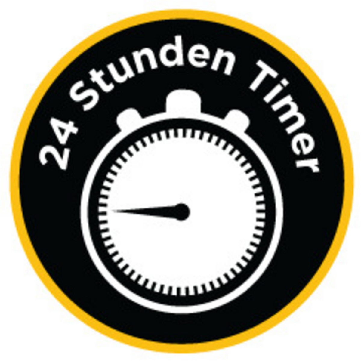 Adesivo rotondo giallo e nero. Al centro, un timer. Il testo dice "24 Stunden Timer".