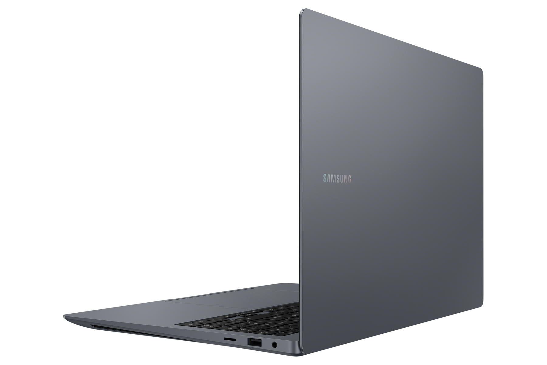 Portátil Samsung gris, vista trasera, ángulo izquierdo. El logo de Samsung es visible.