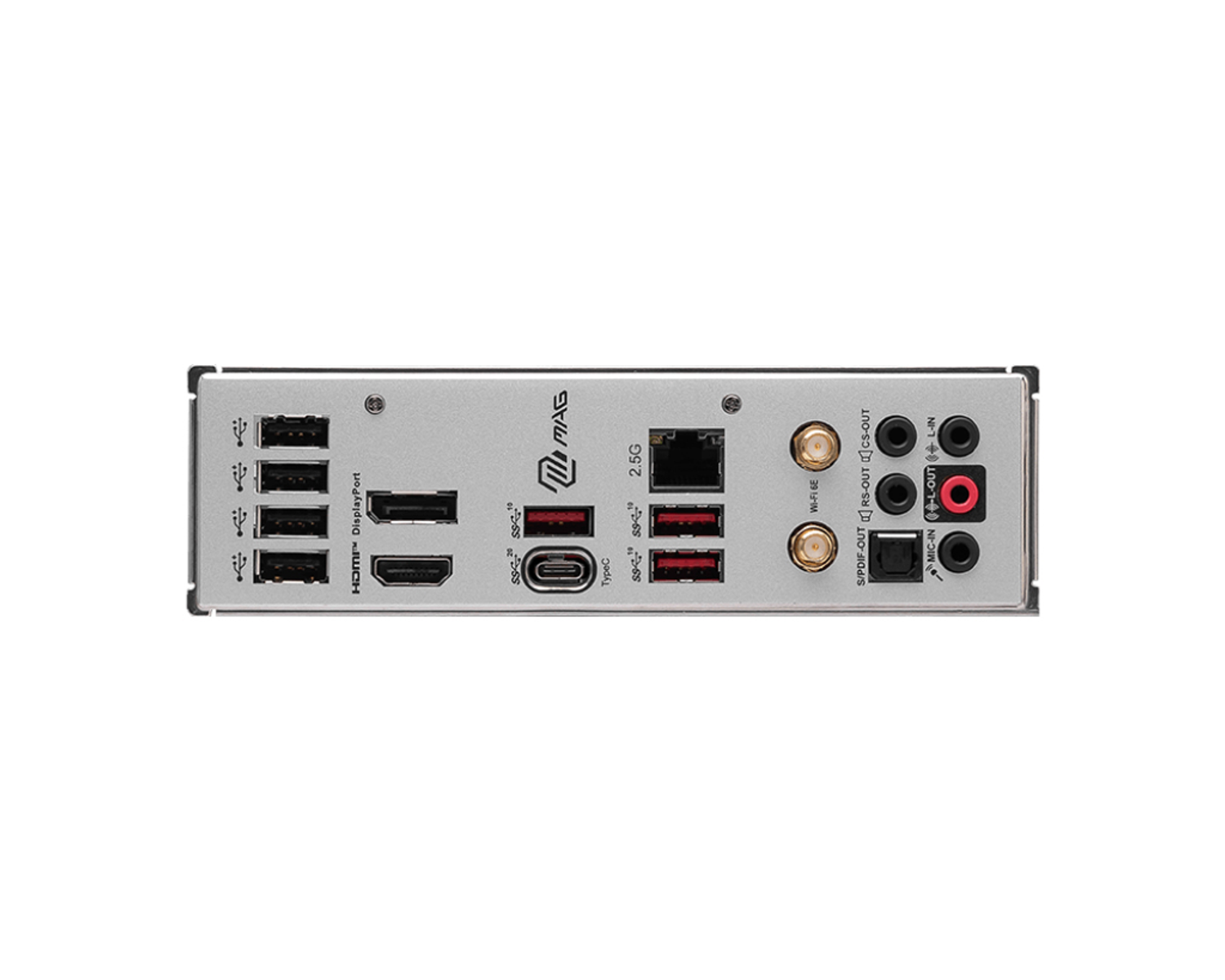 Vista trasera de una placa base de computadora con puertos, incluyendo USB, HDMI y audio.