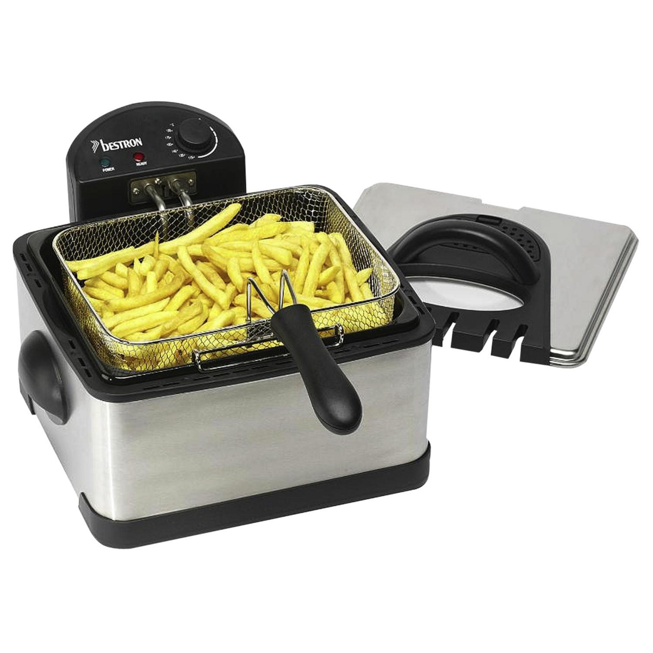 Friggitrice in acciaio inox con un cestello di patatine fritte e un manico nero.