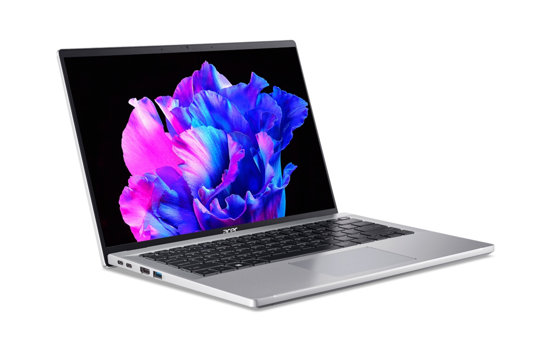 Un computer portatile argentato con un ampio display che mostra un'immagine astratta colorata.
