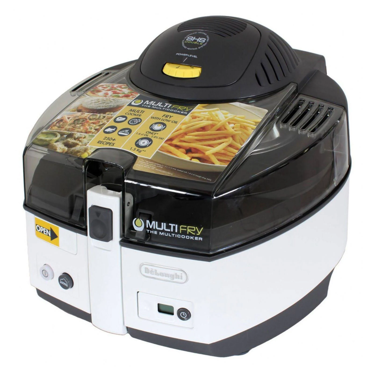 Multicocina blanca y negra con tapa transparente que muestra patatas fritas y otros alimentos cocinados.