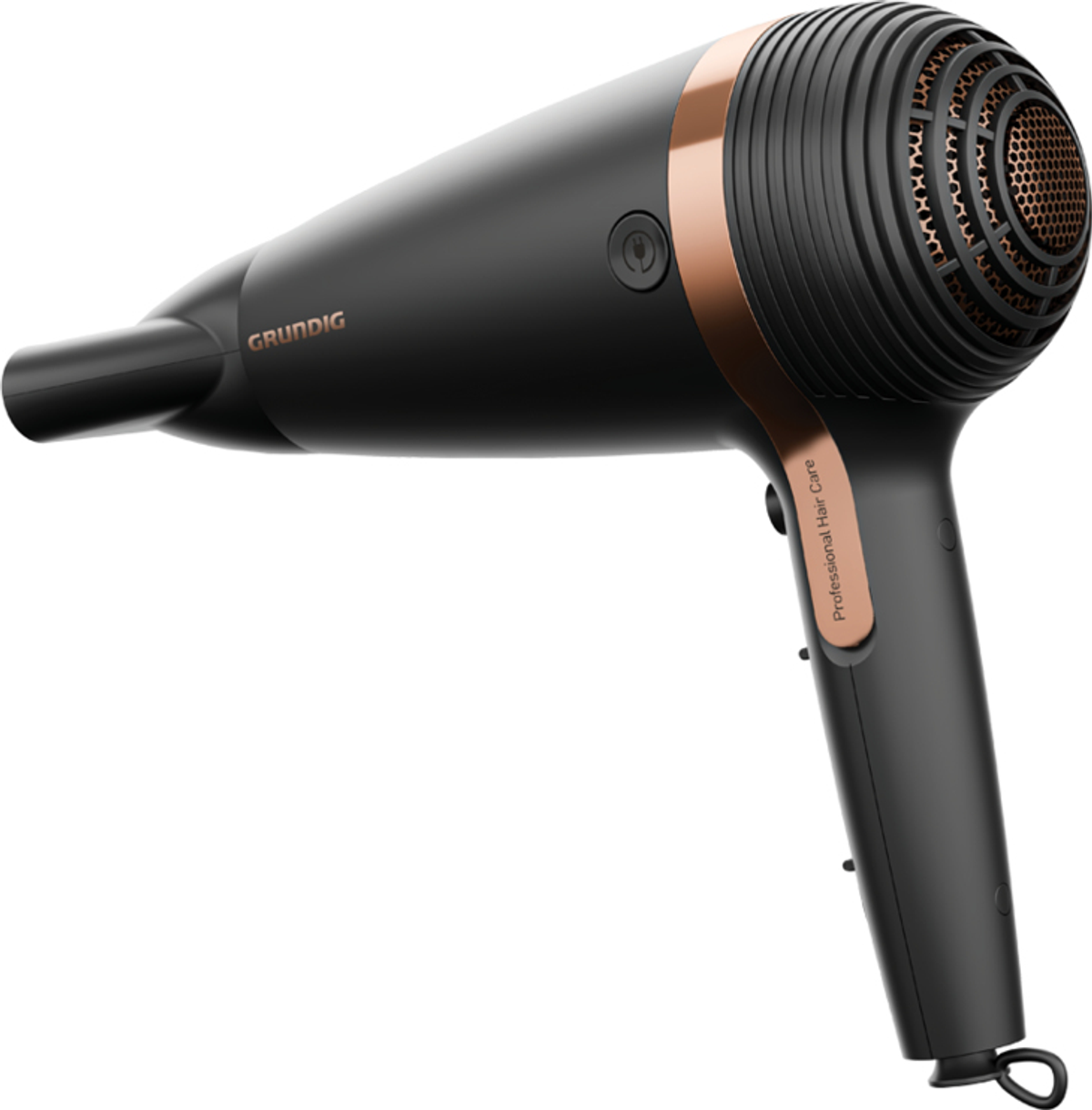 Czarna i różowo-złota suszarka do włosów z marką Grundig.