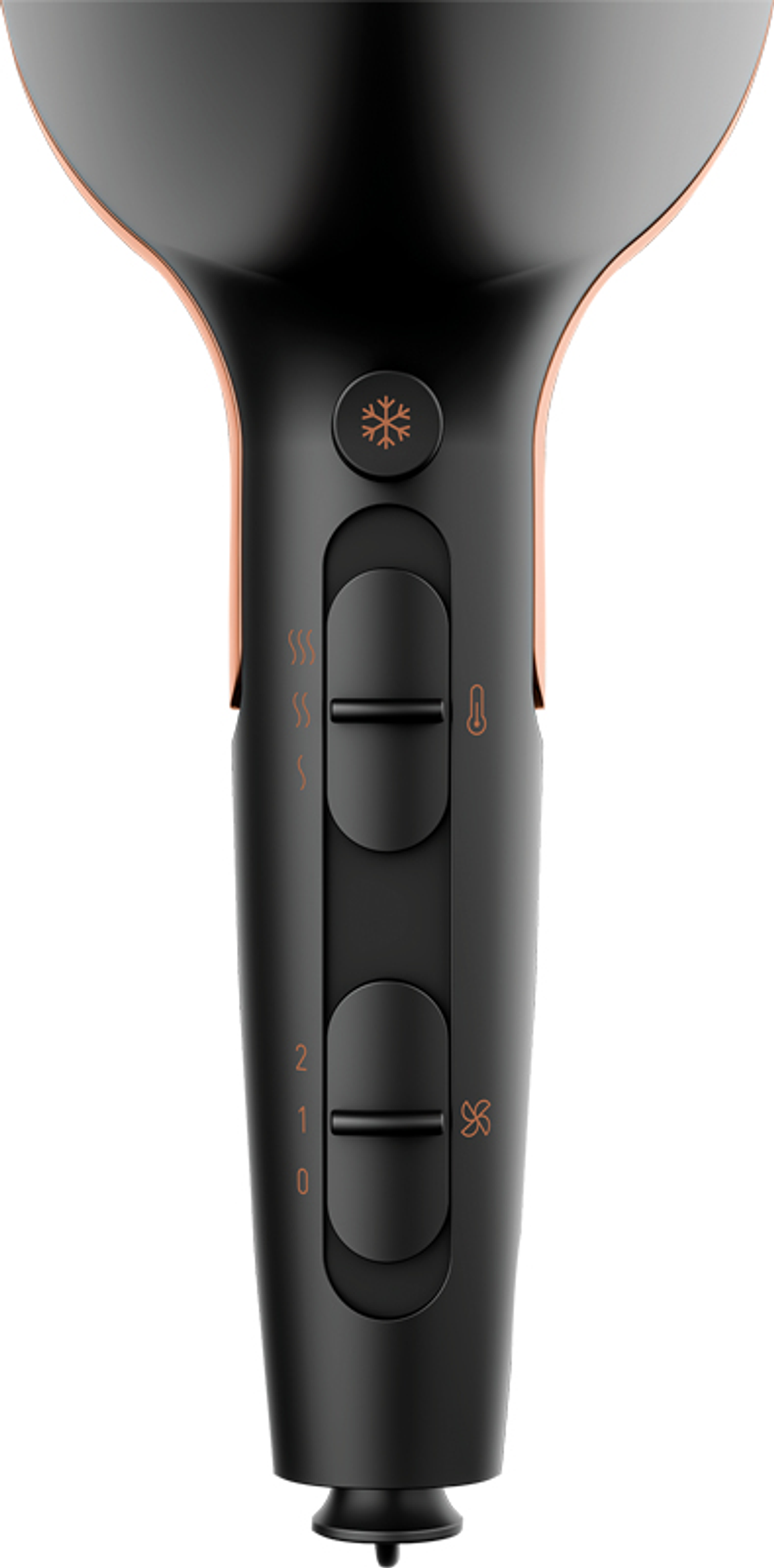 Zbliżenie panelu sterowania czarnej i miedzianej suszarki do włosów.