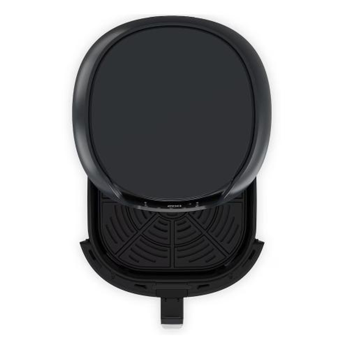 Czarna frytkownica beztłuszczowa z otwartym koszem i górą, na białej powierzchni.